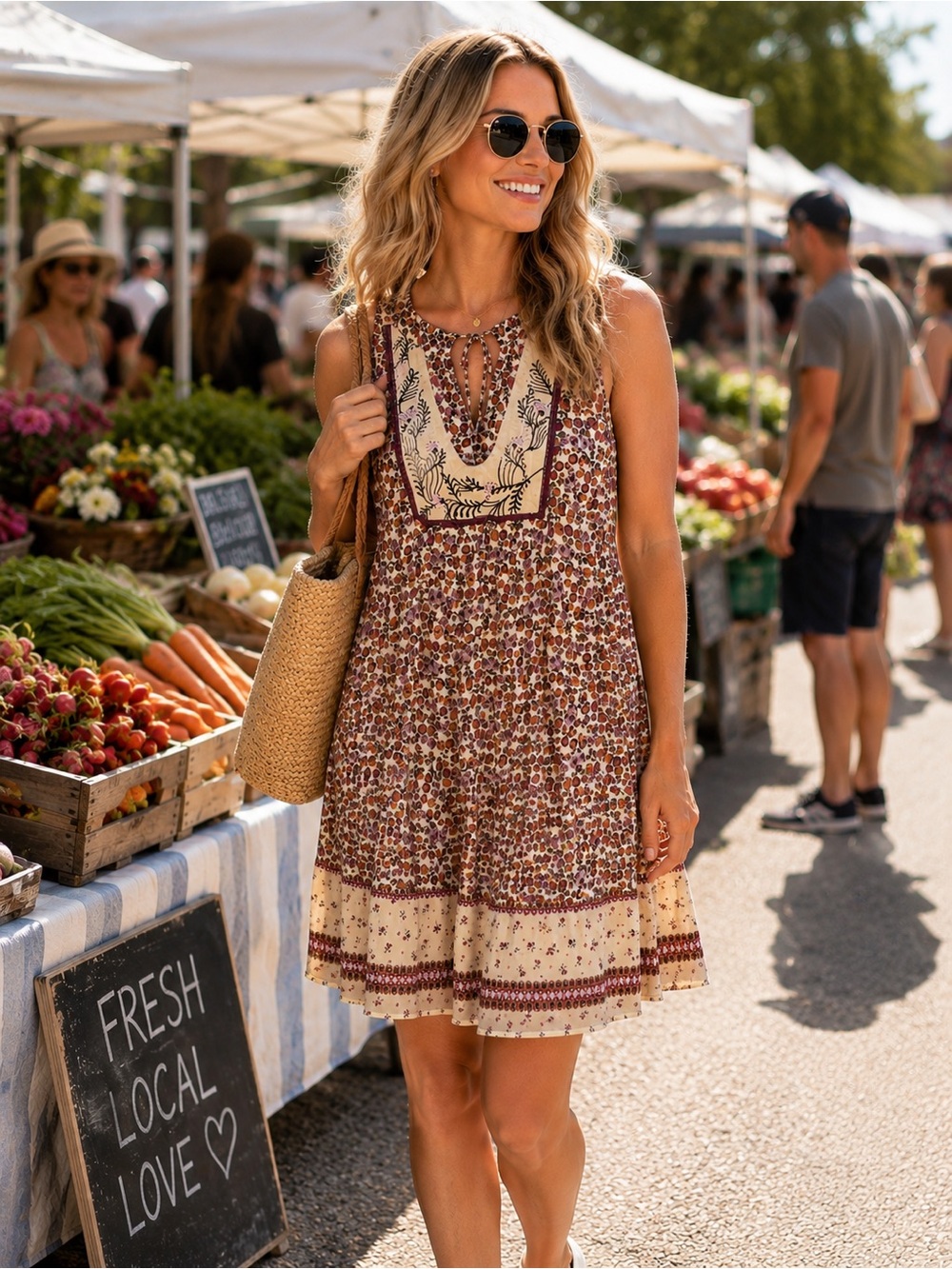 JESSICA SIMPSON Floral Sleeveless Sundress in Cream and Brown